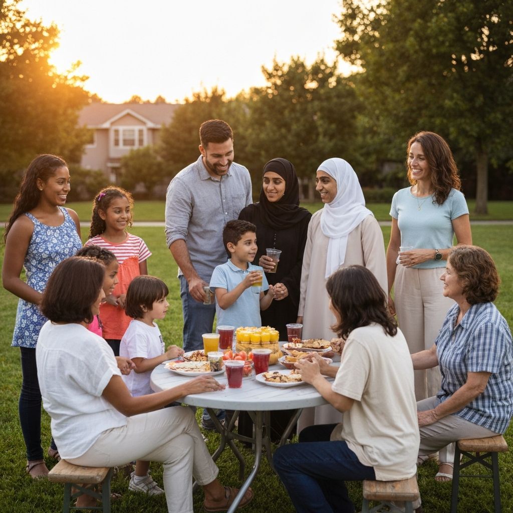 Diverse Gruppe von Familien bei einer Gemeinschaftsveranstaltung zur Stärkung demokratischer Werte