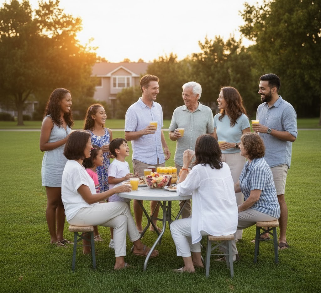 Diverse Gruppe von Familien beim Gemeinschaftstreffen - Sponsoren unterstützen OikoDimos