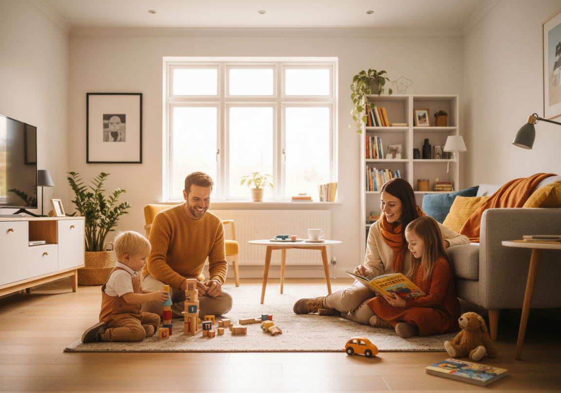 Glückliche Familie im Gespräch