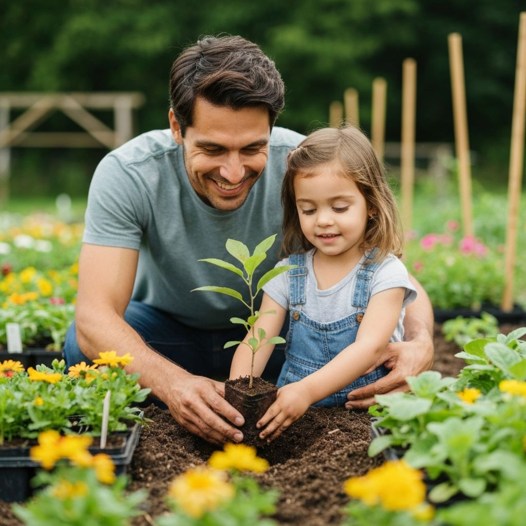 Elternteil und Kind pflanzen gemeinsam einen Baum