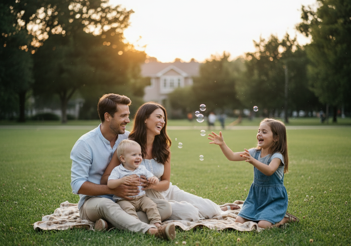 Familie mit Kindern in bedeutungsvollem Gespräch - Kontaktieren Sie OikoDimos